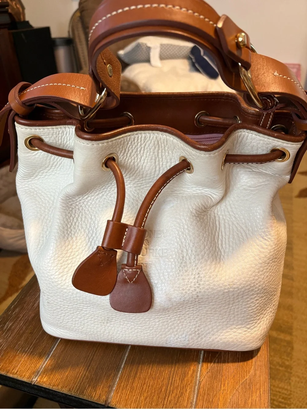Dooney & Bourke Cream Pebble Leather Drawstring Hobo with Brown Trim
